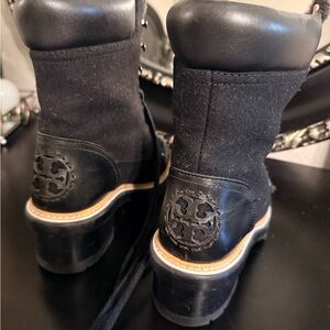 Tory Burch Black Leather & Suede Platform Lace-Up Boots